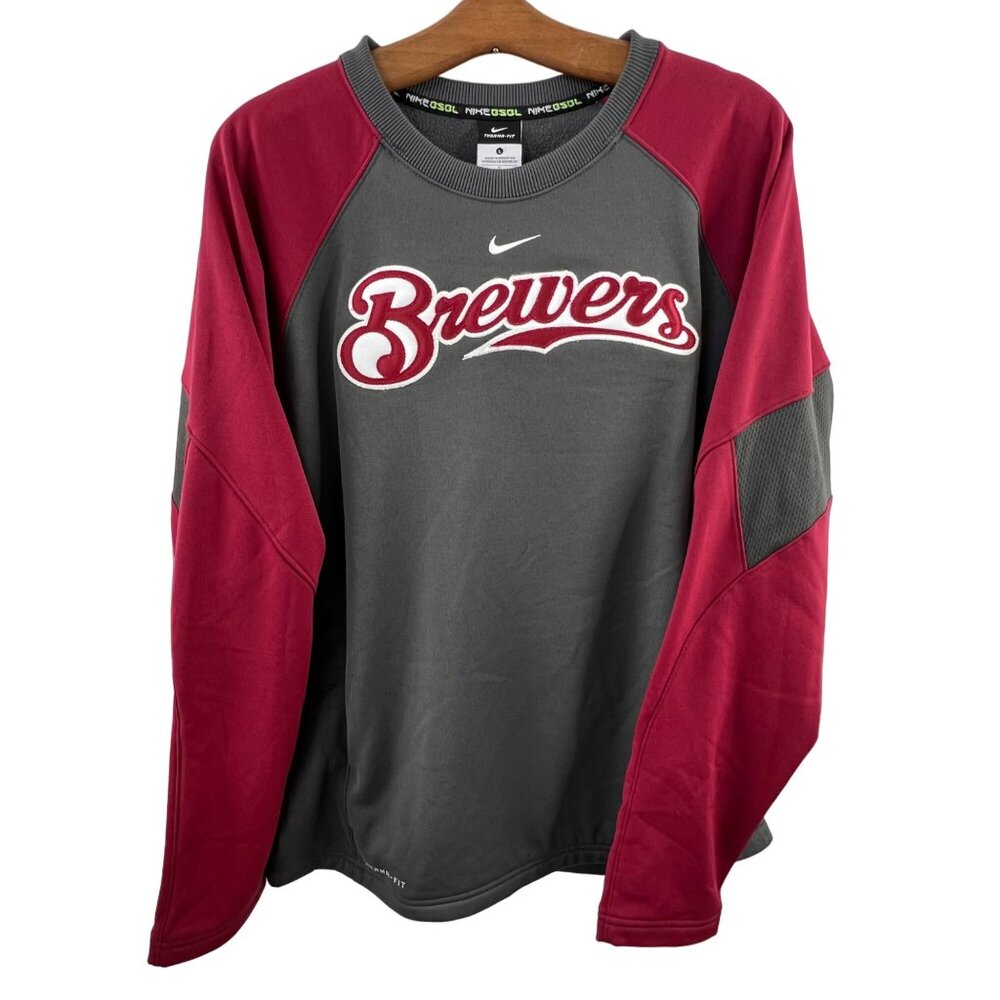 Nike Therma-Fit Brewers Sweatshirt Size Large Gray Red Baseball Raglan NEW